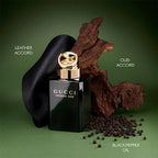 Gucci Intense Oud perfume bottle with leather and wood accents on a green background