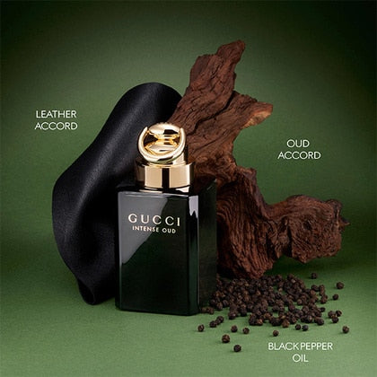 Gucci Intense Oud perfume bottle with leather and wood accents on a green background