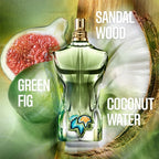 Perfume bottle with fig, coconut, and sandalwood elements on a green background