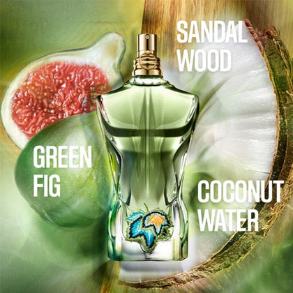 Perfume bottle with fig, coconut, and sandalwood elements on a green background