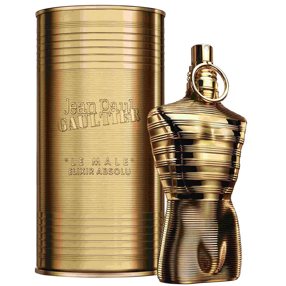 Gold perfume bottle and packaging of Jean Paul Gaultier Le Male Elixir Absolu on a white background