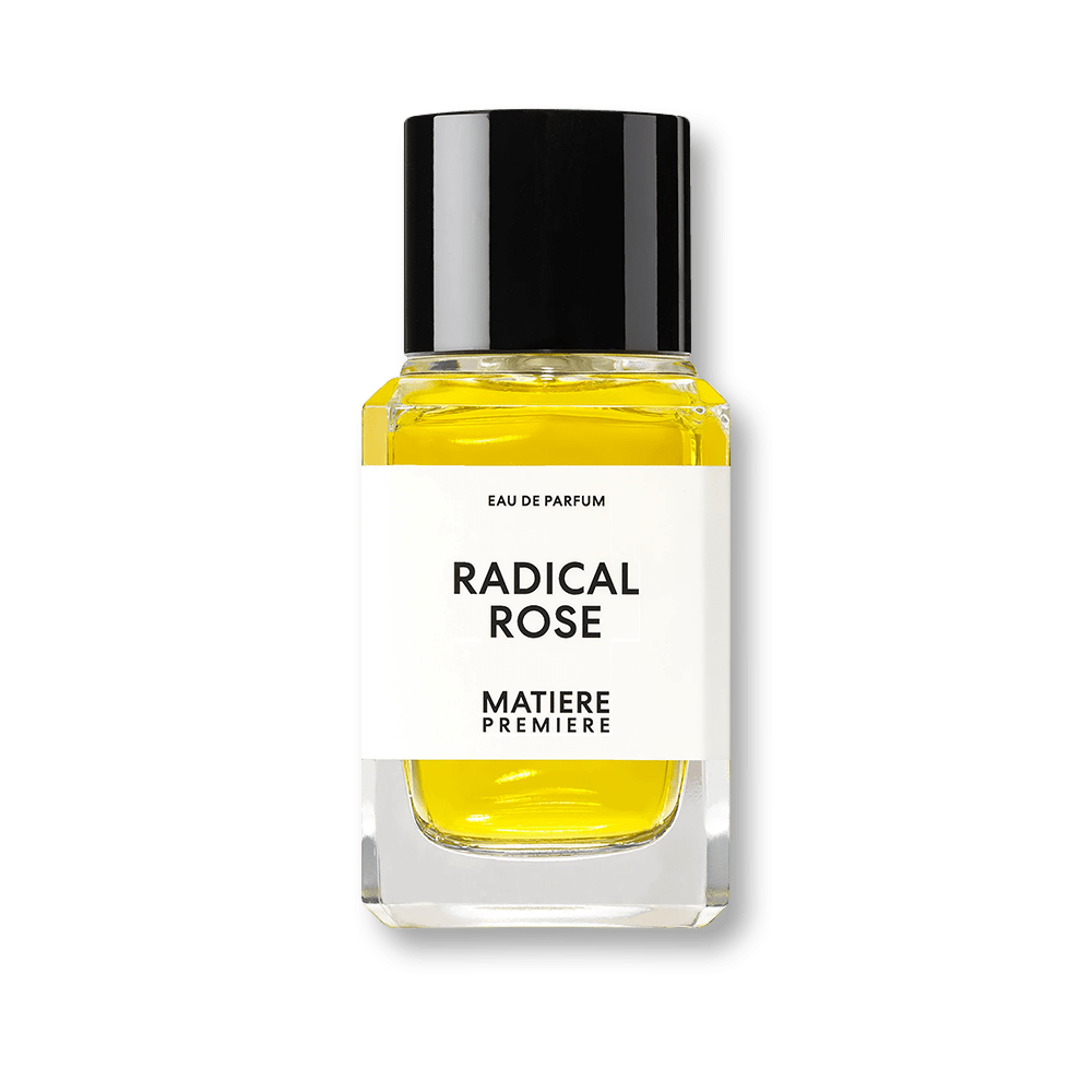 Perfume bottle labeled 'Radical Rose' by Matiere Premiere on a blank white background
