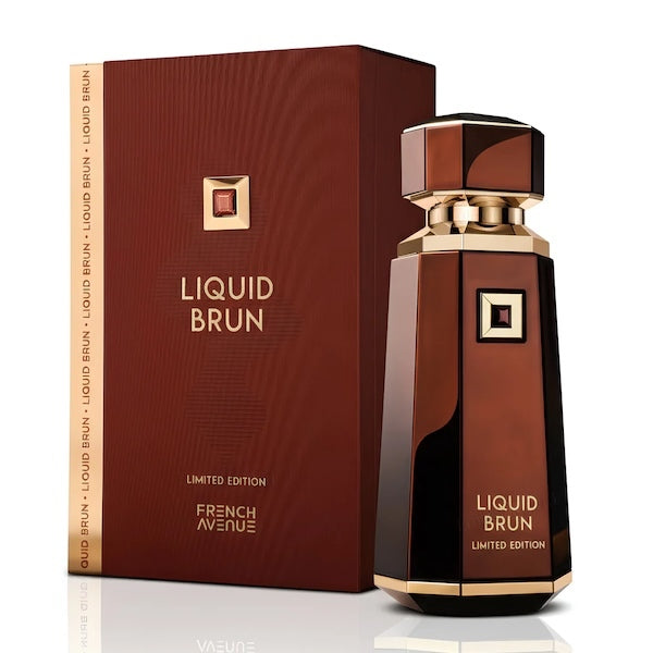 Brown perfume bottle and packaging with 'Liquid Brun' branding on a white background