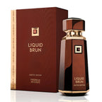 Brown perfume bottle and packaging with 'Liquid Brun' branding on a white background