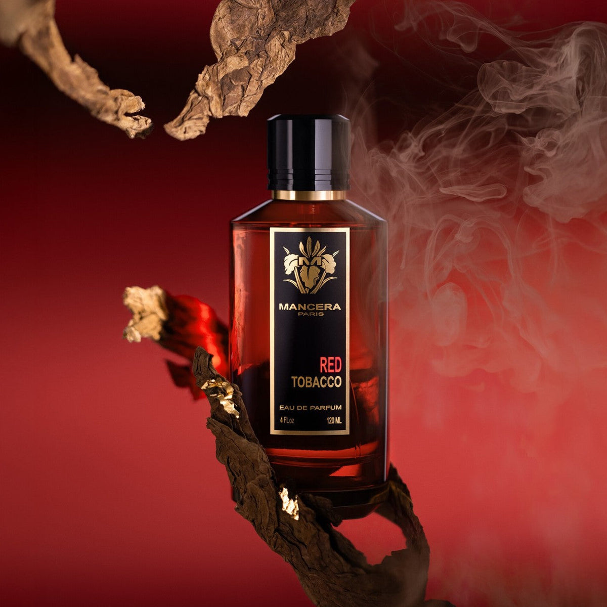 Mancera Red Tobacco perfume bottle with a red background and smoke effect