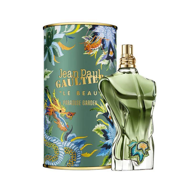 Jean Paul Gaultier perfume bottle and packaging with floral design on a white background