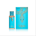 Blue perfume bottle French Avenue Vulcan Feu with gold accents on a white background