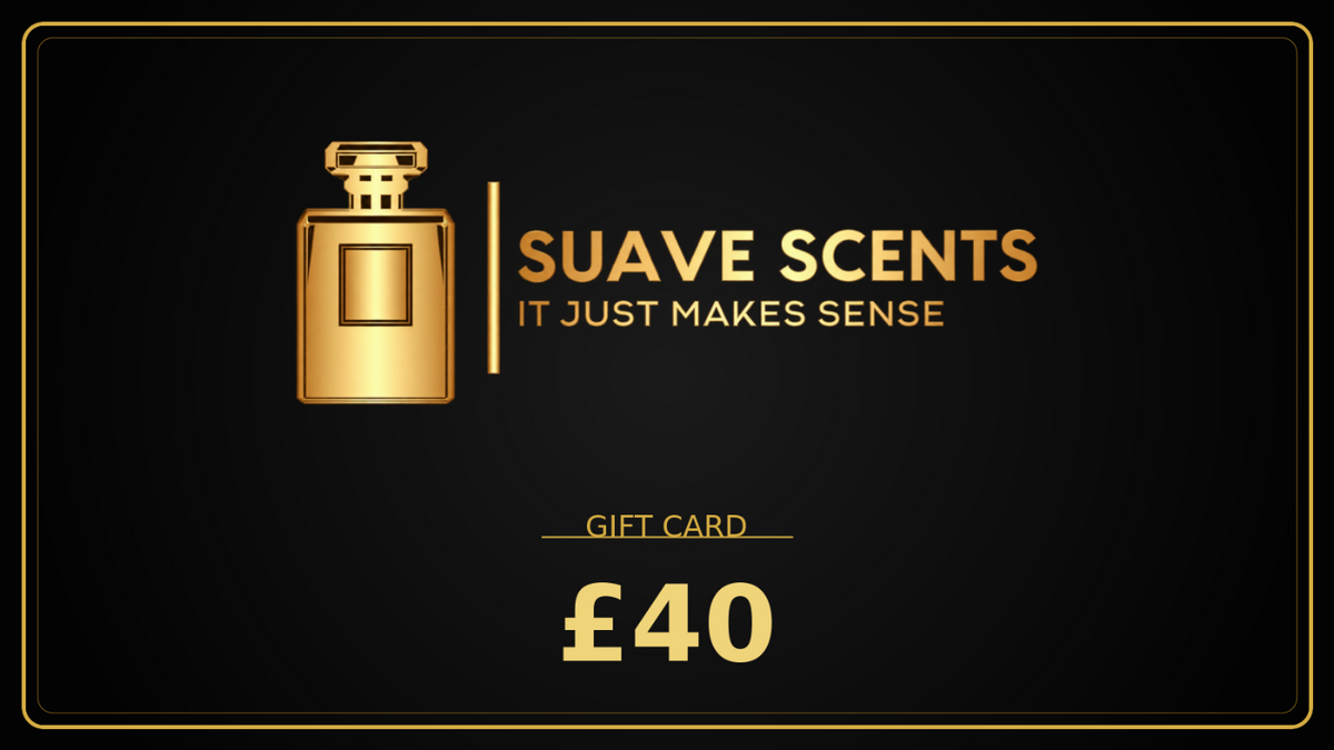 A black gift card with gold border and gold text reading 'SUAVE SCENTS IT JUST MAKES SENSE', a gold perfume bottle illustration, and 'GIFT CARD £40' at the bottom.