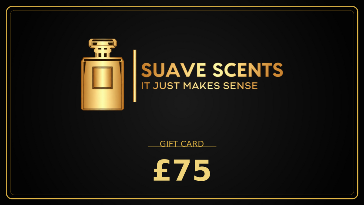A black gift card with gold border and gold text reading 'SUAVE SCENTS IT JUST MAKES SENSE', a gold perfume bottle illustration, and 'GIFT CARD £75' at the bottom.