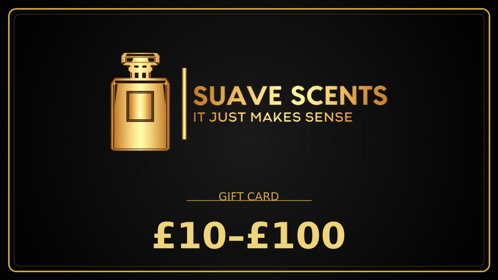 A black gift card with gold border and gold text reading 'SUAVE SCENTS IT JUST MAKES SENSE', 'GIFT CARD', and '£10-£100'. A gold perfume bottle icon appears on the left side.