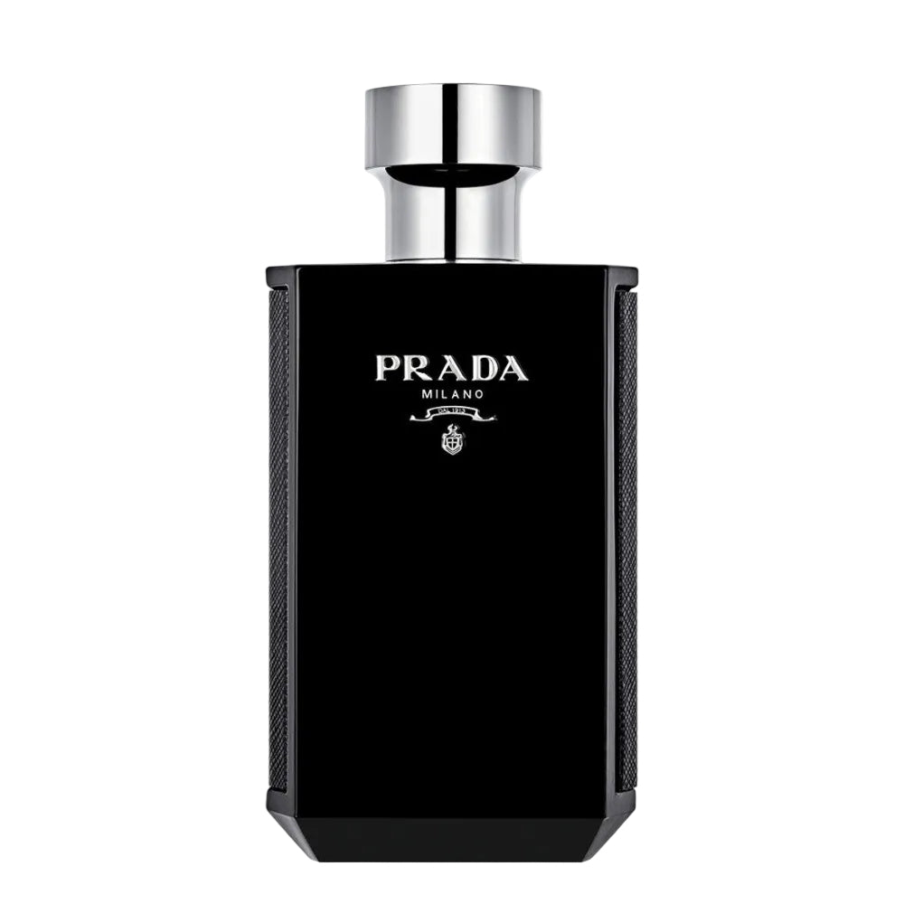 Black Prada Milano perfume bottle on a white background