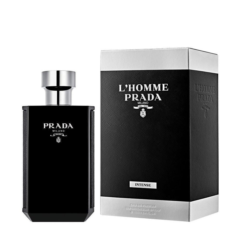 Prada L'Homme Intense perfume bottle and packaging on a white background