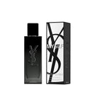 Black YSL perfume bottle and packaging on a white background