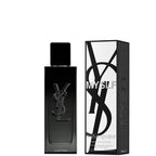 Black YSL perfume bottle and packaging on a white background
